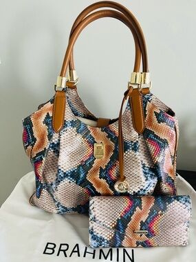 Brahmin Multicolor Snake-Embossed Tote with Tan Leather Handles